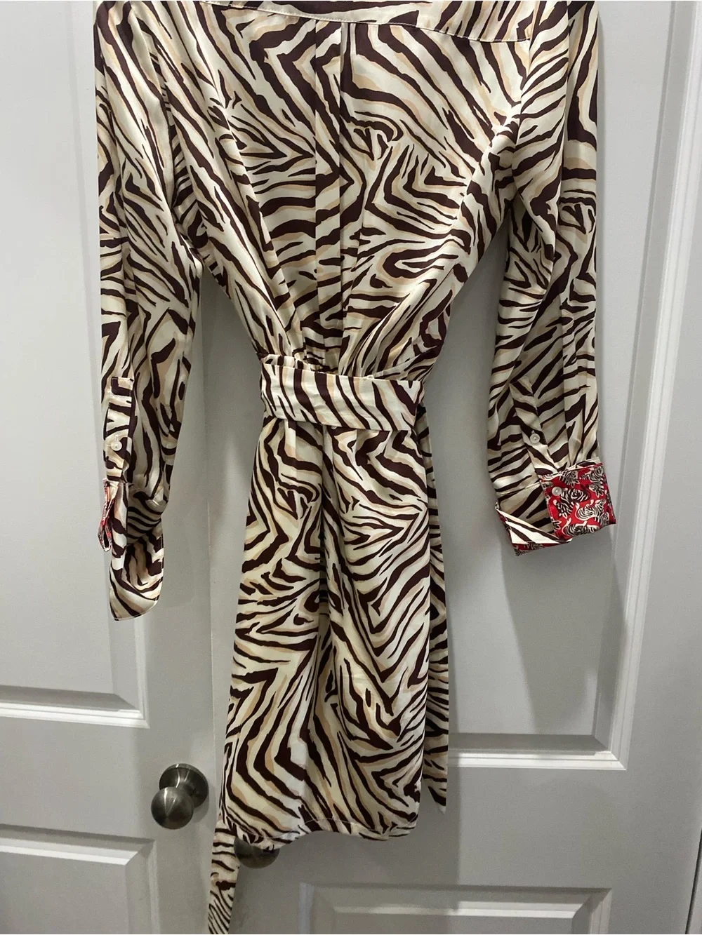 Women’s Zebra-Print Shirt Dress with Red Accent